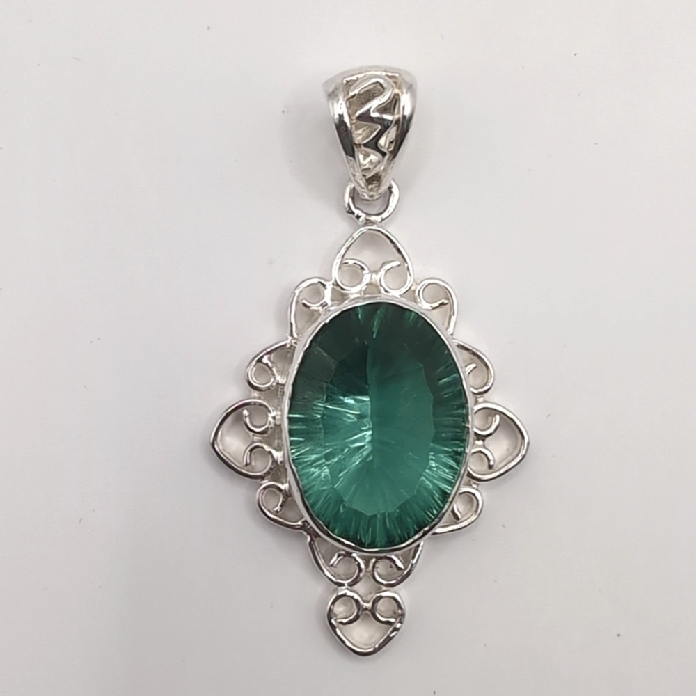 Sterling Silver 925 Ornate Multi-Faceted Lab Created Emerald Pendant